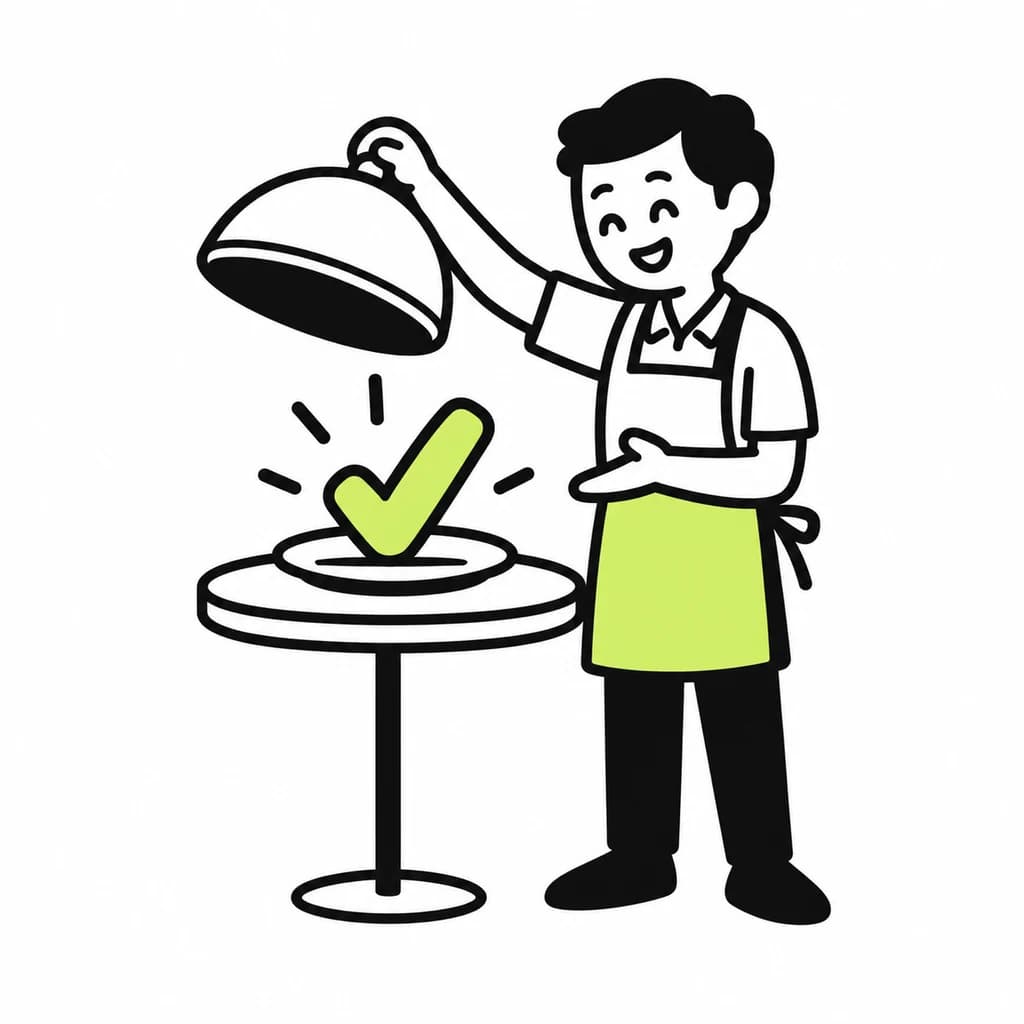 A waiter proudly lifts a cloche to reveal a lime check.