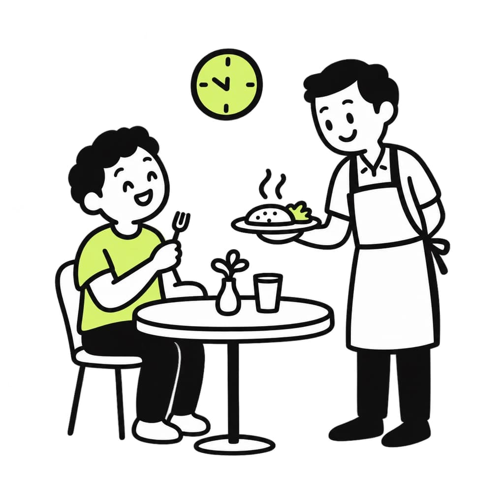 A guest eats at a restaurant table while a waiter serves the food.